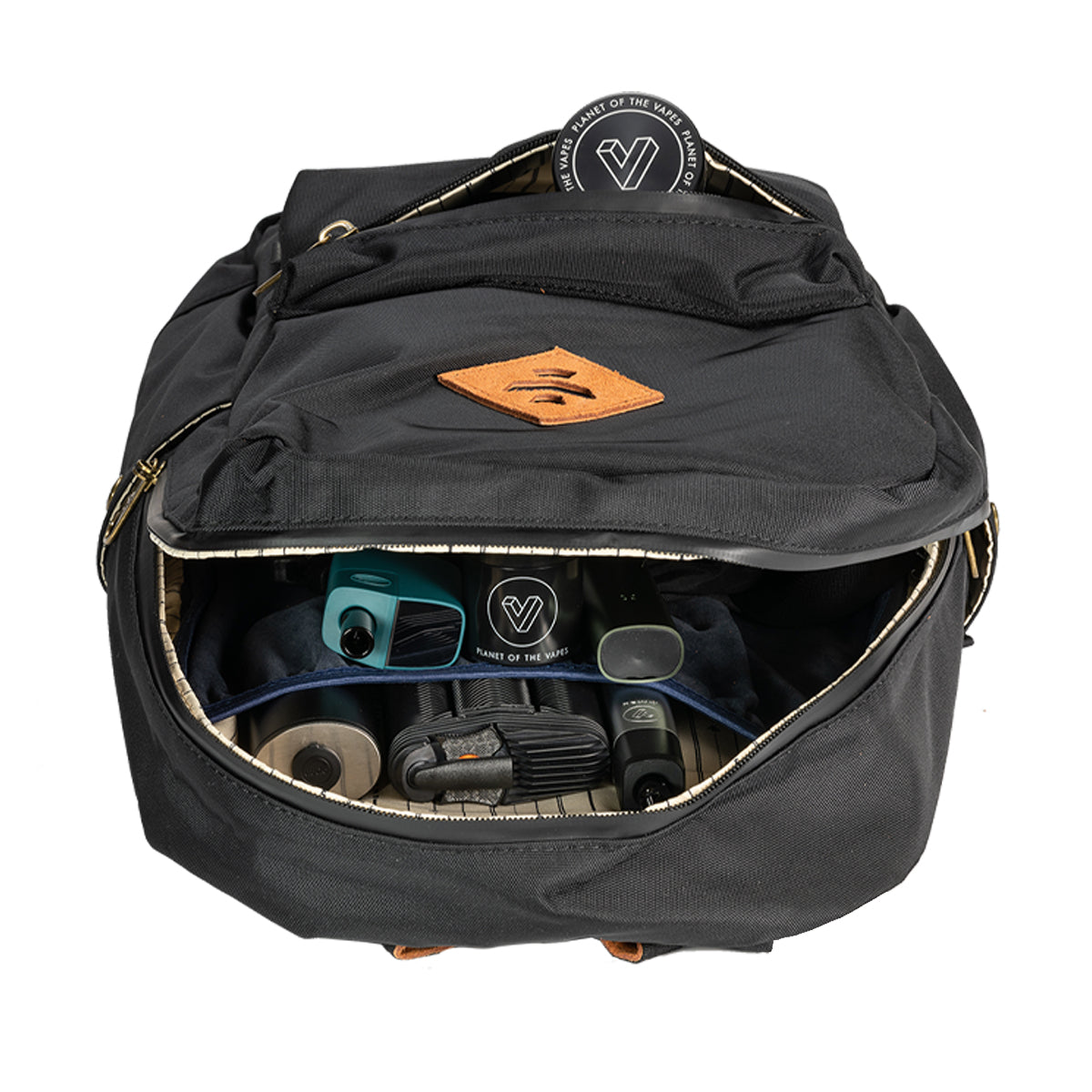 revelry the escort smell proof backpack black open view with vaporizers.jpg revelry the escort smell proof backpack black open view with vaporizers.jpg