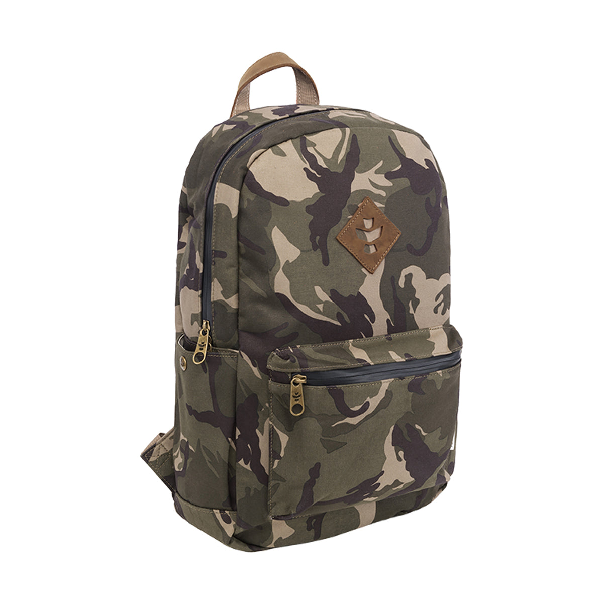 revelry the escort smell proof backpack camo brown front view.jpg revelry the escort smell proof backpack camo brown front view.jpg