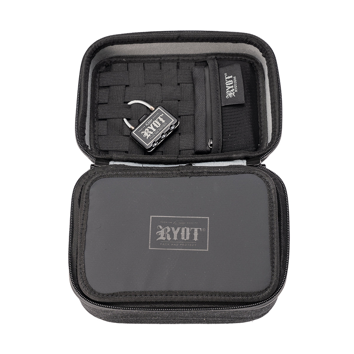 ryot safe case small carbon series travel case with division lid black open view.jpg ryot safe case small carbon series travel case with division lid black open view.jpg